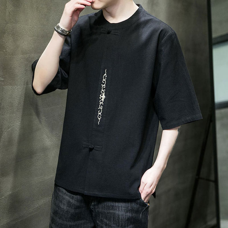 Koszula męska z krótkim rękawem bawełniana z haftem żaba-guzik w jednolitym kolorze z Buddha Stones - image 11