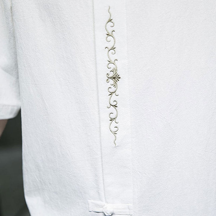 Koszula męska z krótkim rękawem bawełniana z haftem żaba-guzik w jednolitym kolorze z Buddha Stones - image 24