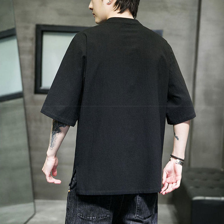 Koszula męska z krótkim rękawem bawełniana z haftem żaba-guzik w jednolitym kolorze z Buddha Stones - image 9