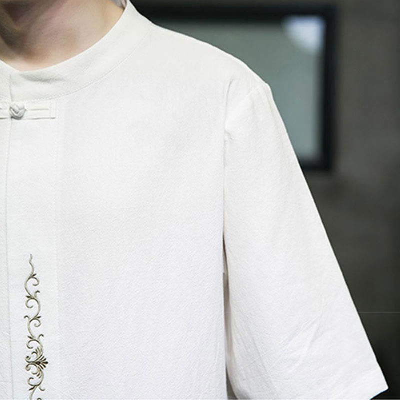 Koszula męska z krótkim rękawem bawełniana z haftem żaba-guzik w jednolitym kolorze z Buddha Stones - image 22