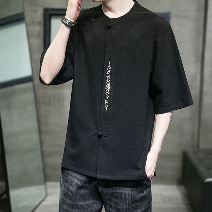 Koszula męska z krótkim rękawem bawełniana z haftem żaba-guzik w jednolitym kolorze z Buddha Stones - image 12