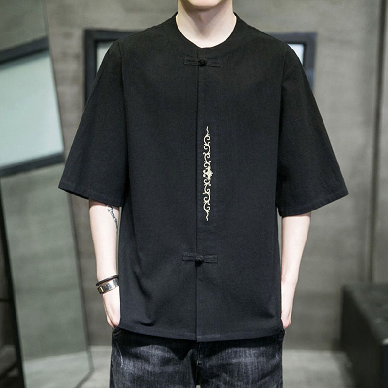 Koszula męska z krótkim rękawem bawełniana z haftem żaba-guzik w jednolitym kolorze z Buddha Stones - Czarny - US/UK/AU46， EU56 (5XL) - image 8