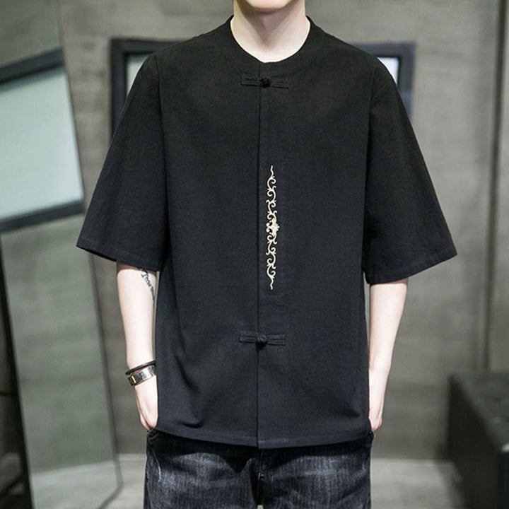 Koszula męska z krótkim rękawem bawełniana z haftem żaba-guzik w jednolitym kolorze z Buddha Stones - Czarny - US/UK/AU46， EU56 (5XL) - image 8