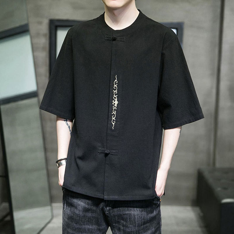 Koszula męska z krótkim rękawem bawełniana z haftem żaba-guzik w jednolitym kolorze z Buddha Stones - image 16