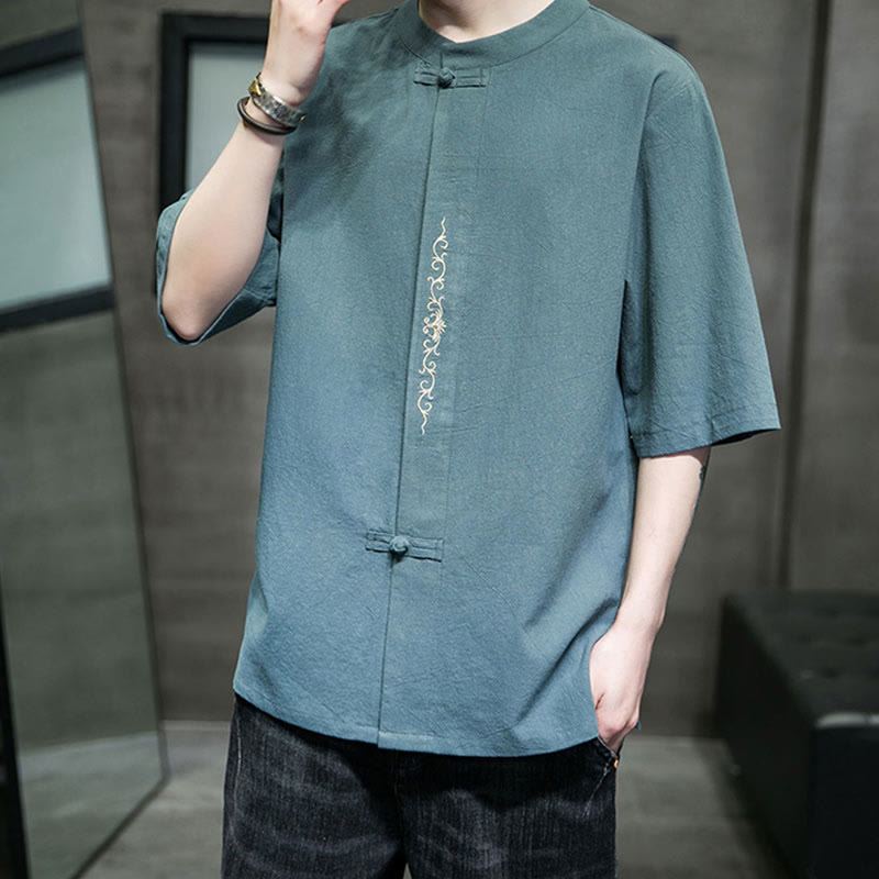 Koszula męska z krótkim rękawem bawełniana z haftem żaba-guzik w jednolitym kolorze z Buddha Stones - image 3