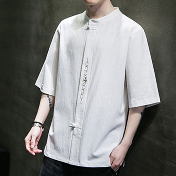 Koszula męska z krótkim rękawem bawełniana z haftem żaba-guzik w jednolitym kolorze z Buddha Stones - image 20