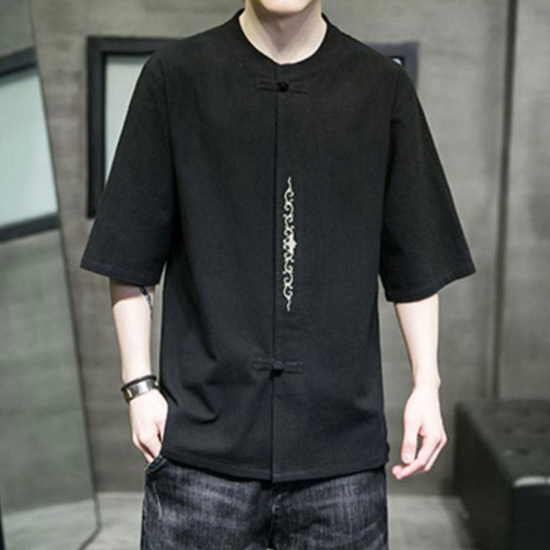 Koszula męska z krótkim rękawem bawełniana z haftem żaba-guzik w jednolitym kolorze z Buddha Stones - image 13