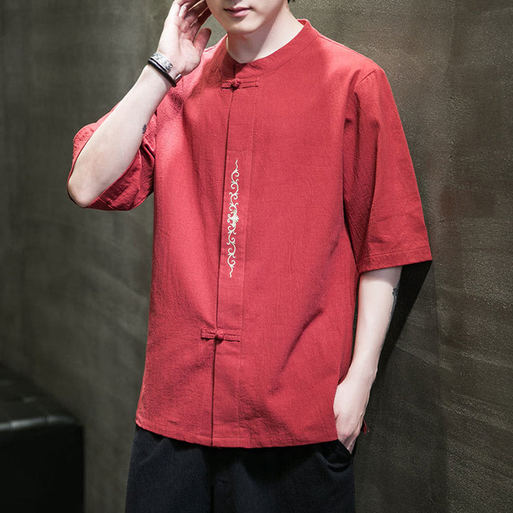 Koszula męska z krótkim rękawem bawełniana z haftem żaba-guzik w jednolitym kolorze z Buddha Stones - Pomidor - US/UK/AU46， EU56 (5XL) - image 27