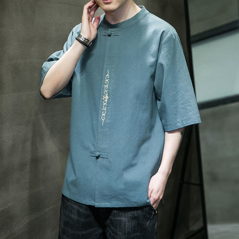 Koszula męska z krótkim rękawem bawełniana z haftem żaba-guzik w jednolitym kolorze z Buddha Stones - image 4