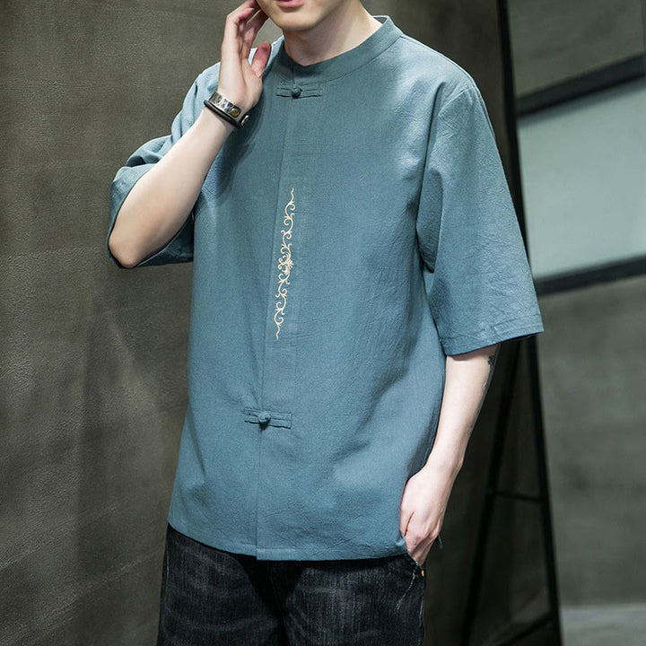 Koszula męska z krótkim rękawem bawełniana z haftem żaba-guzik w jednolitym kolorze z Buddha Stones - image 4