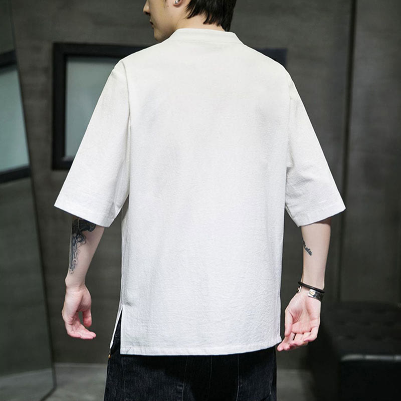 Koszula męska z krótkim rękawem bawełniana z haftem żaba-guzik w jednolitym kolorze z Buddha Stones - image 18