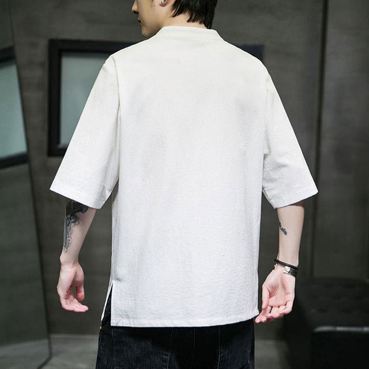 Koszula męska z krótkim rękawem bawełniana z haftem żaba-guzik w jednolitym kolorze z Buddha Stones - image 18