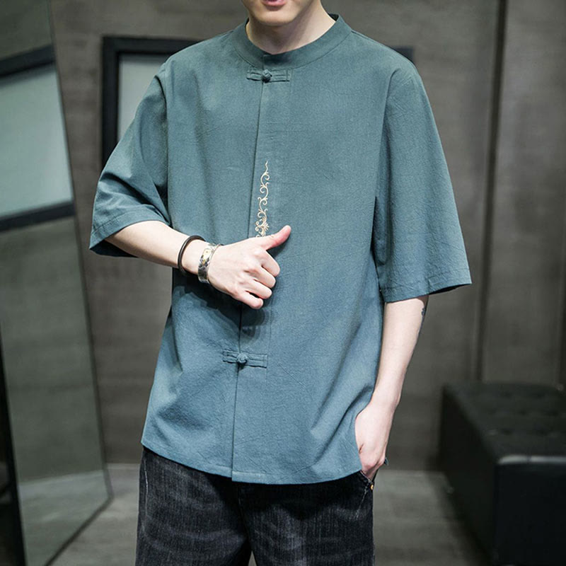 Koszula męska z krótkim rękawem bawełniana z haftem żaba-guzik w jednolitym kolorze z Buddha Stones - image 7