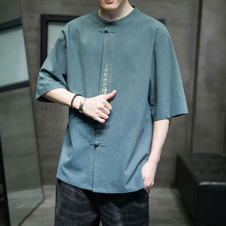 Koszula męska z krótkim rękawem bawełniana z haftem żaba-guzik w jednolitym kolorze z Buddha Stones - image 7