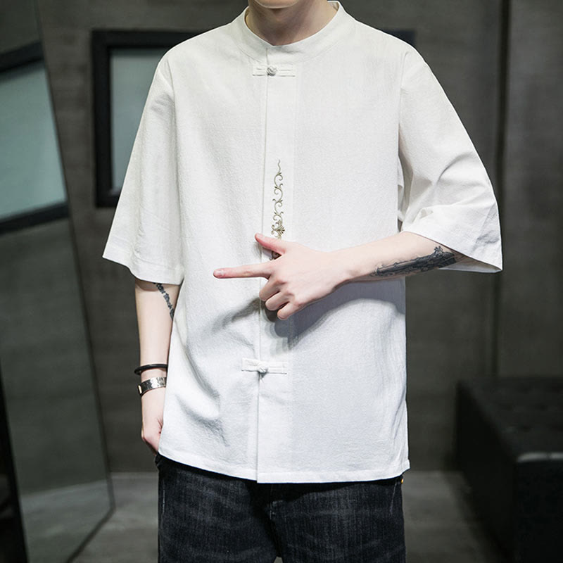 Koszula męska z krótkim rękawem bawełniana z haftem żaba-guzik w jednolitym kolorze z Buddha Stones - image 26