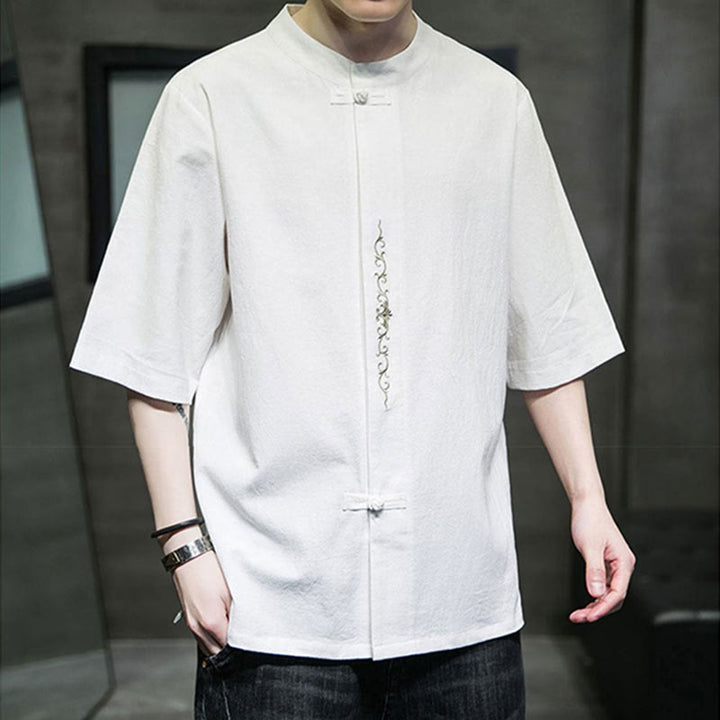 Koszula męska z krótkim rękawem bawełniana z haftem żaba-guzik w jednolitym kolorze z Buddha Stones - image 19