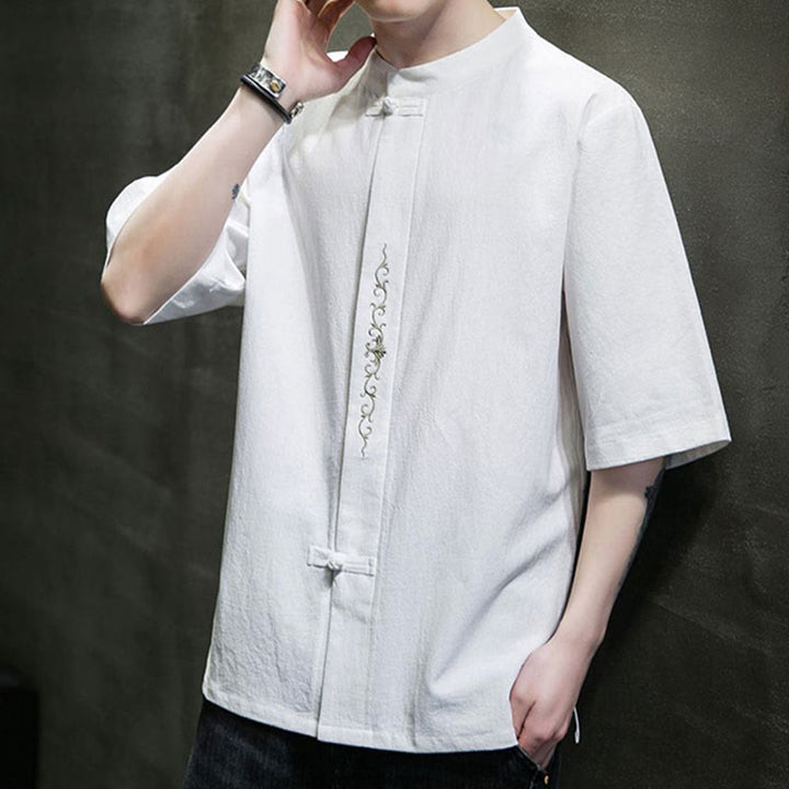 Koszula męska z krótkim rękawem bawełniana z haftem żaba-guzik w jednolitym kolorze z Buddha Stones - image 21