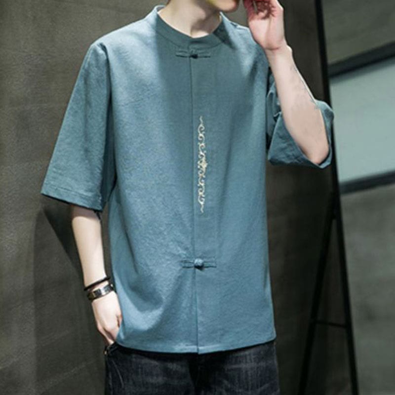 Koszula męska z krótkim rękawem bawełniana z haftem żaba-guzik w jednolitym kolorze z Buddha Stones - image 1