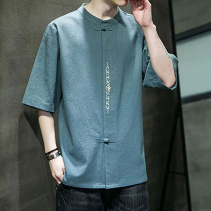 Koszula męska z krótkim rękawem bawełniana z haftem żaba-guzik w jednolitym kolorze z Buddha Stones - image 1