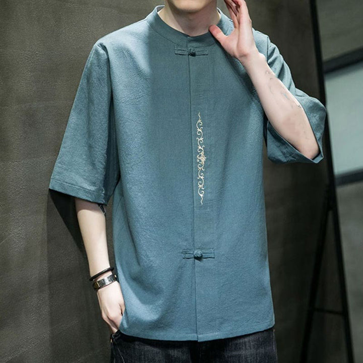 Koszula męska z krótkim rękawem bawełniana z haftem żaba-guzik w jednolitym kolorze z Buddha Stones - image 5