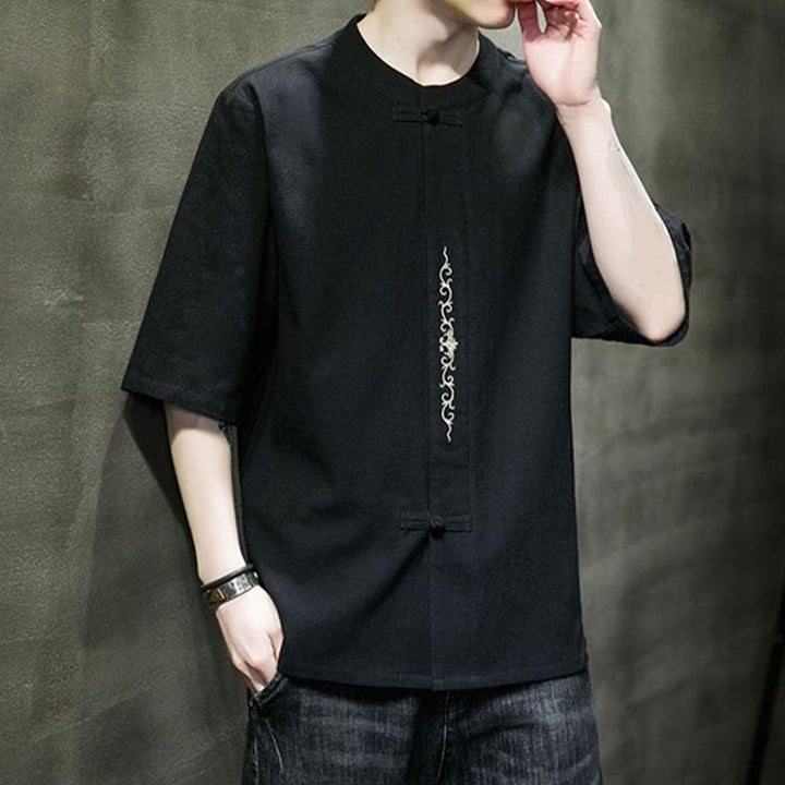 Koszula męska z krótkim rękawem bawełniana z haftem żaba-guzik w jednolitym kolorze z Buddha Stones - image 10