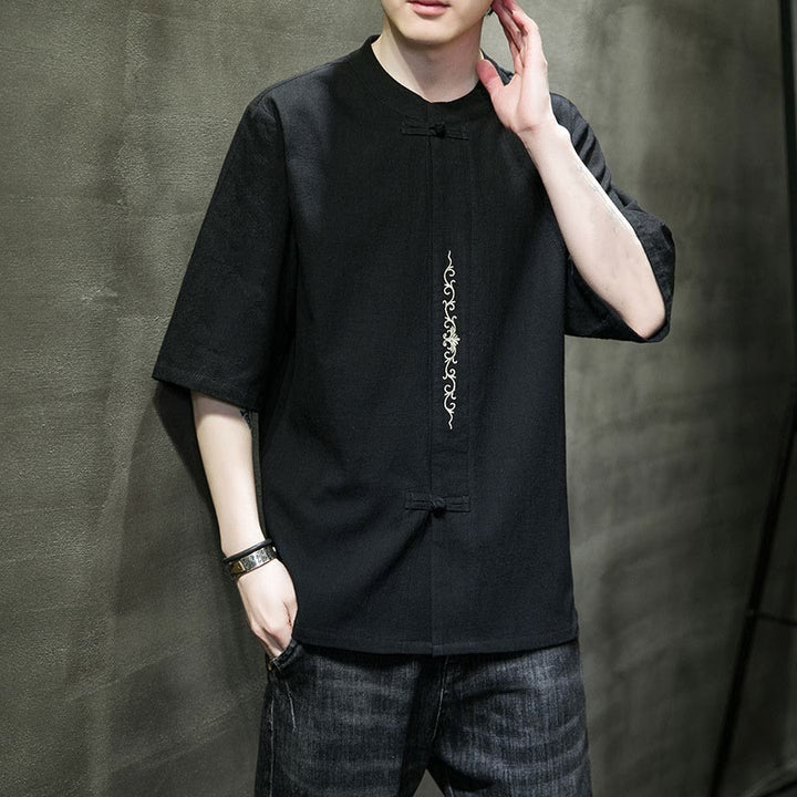 Koszula męska z krótkim rękawem bawełniana z haftem żaba-guzik w jednolitym kolorze z Buddha Stones - image 14