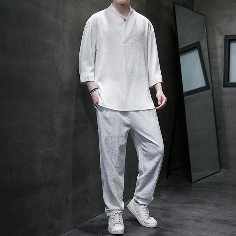 Buddha Stones Jednolity Kolor Koszula z Dekoltem w Serek Rękaw Trzy Czwarte Spodnie Codzienne Odzież Męska Zestaw - image 5