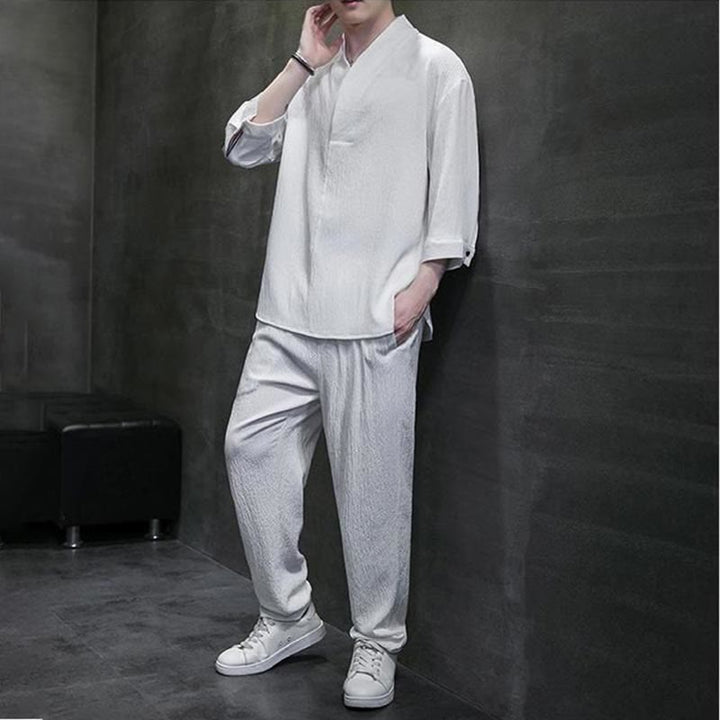 Buddha Stones Jednolity Kolor Koszula z Dekoltem w Serek Rękaw Trzy Czwarte Spodnie Codzienne Odzież Męska Zestaw - image 3