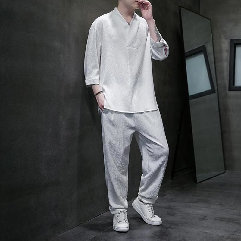 Buddha Stones Jednolity Kolor Koszula z Dekoltem w Serek Rękaw Trzy Czwarte Spodnie Codzienne Odzież Męska Zestaw - image 1