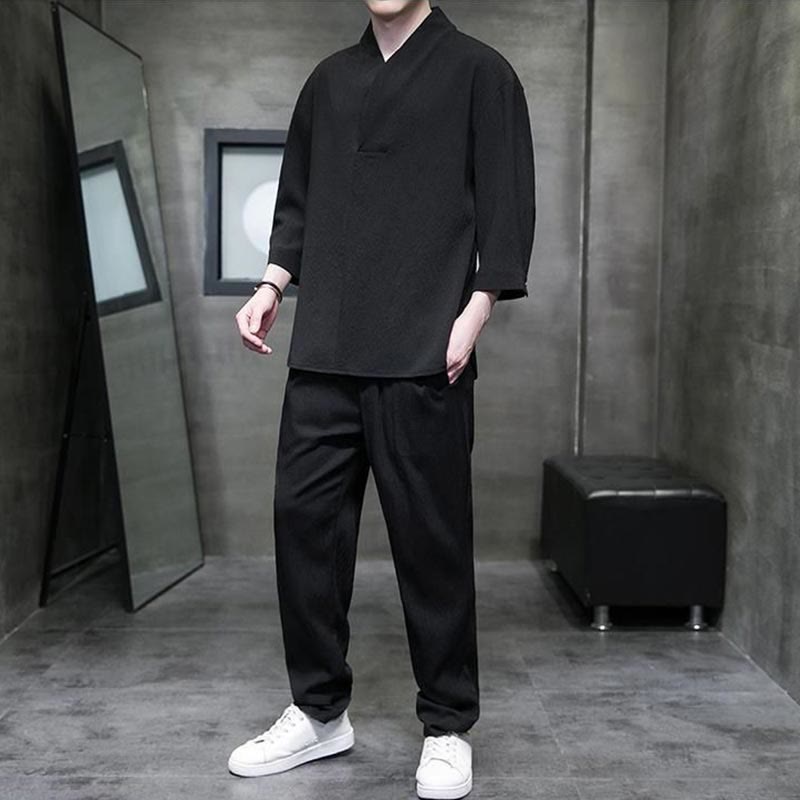 Buddha Stones Jednolity Kolor Koszula z Dekoltem w Serek Rękaw Trzy Czwarte Spodnie Codzienne Odzież Męska Zestaw - image 8