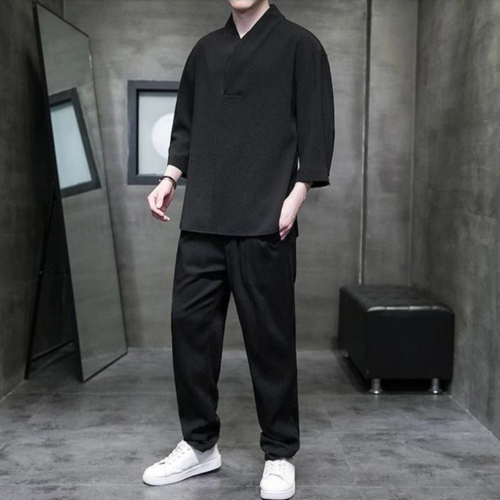 Buddha Stones Jednolity Kolor Koszula z Dekoltem w Serek Rękaw Trzy Czwarte Spodnie Codzienne Odzież Męska Zestaw - image 8