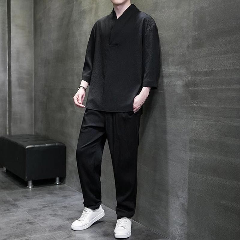 Buddha Stones Jednolity Kolor Koszula z Dekoltem w Serek Rękaw Trzy Czwarte Spodnie Codzienne Odzież Męska Zestaw - image 10