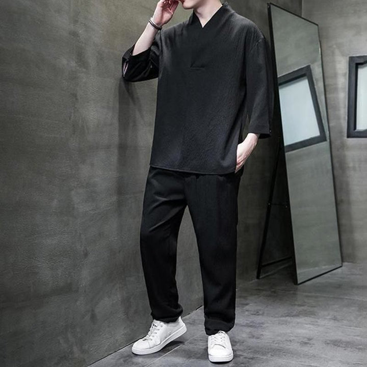 Buddha Stones Jednolity Kolor Koszula z Dekoltem w Serek Rękaw Trzy Czwarte Spodnie Codzienne Odzież Męska Zestaw - image 16