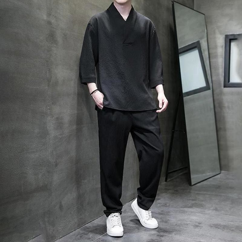 Buddha Stones Jednolity Kolor Koszula z Dekoltem w Serek Rękaw Trzy Czwarte Spodnie Codzienne Odzież Męska Zestaw - image 17