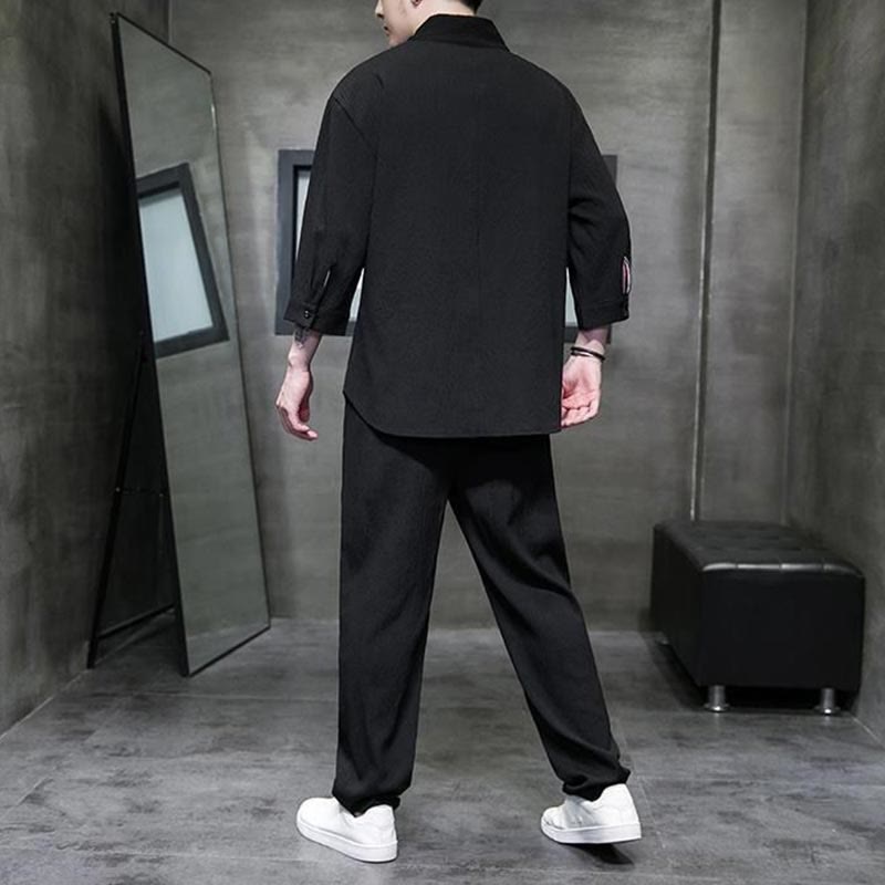 Buddha Stones Jednolity Kolor Koszula z Dekoltem w Serek Rękaw Trzy Czwarte Spodnie Codzienne Odzież Męska Zestaw - image 9