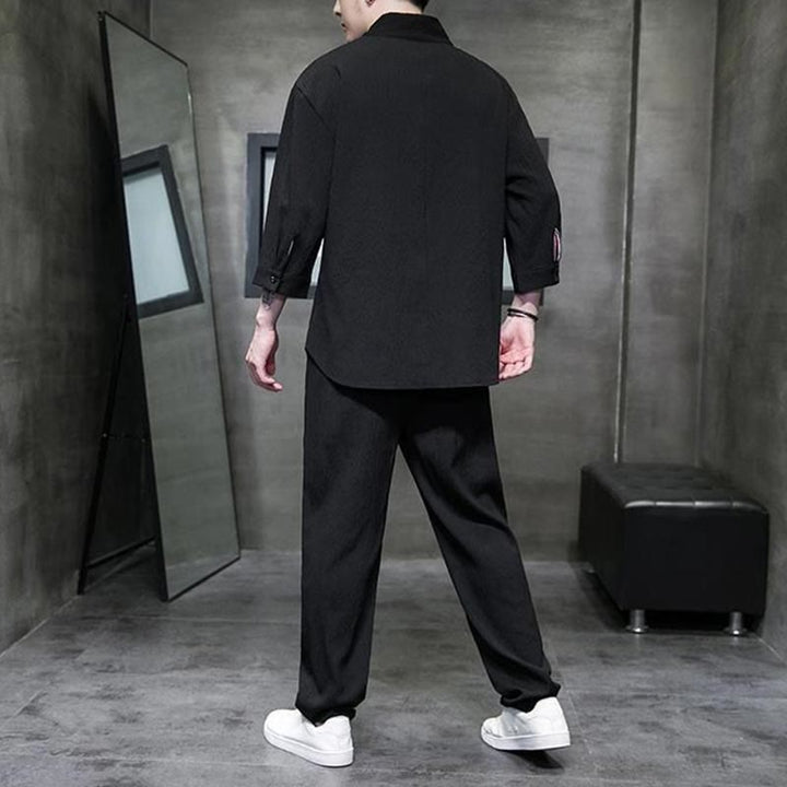 Buddha Stones Jednolity Kolor Koszula z Dekoltem w Serek Rękaw Trzy Czwarte Spodnie Codzienne Odzież Męska Zestaw - image 9