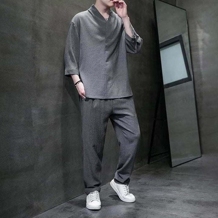 Buddha Stones Jednolity Kolor Koszula z Dekoltem w Serek Rękaw Trzy Czwarte Spodnie Codzienne Odzież Męska Zestaw - image 20