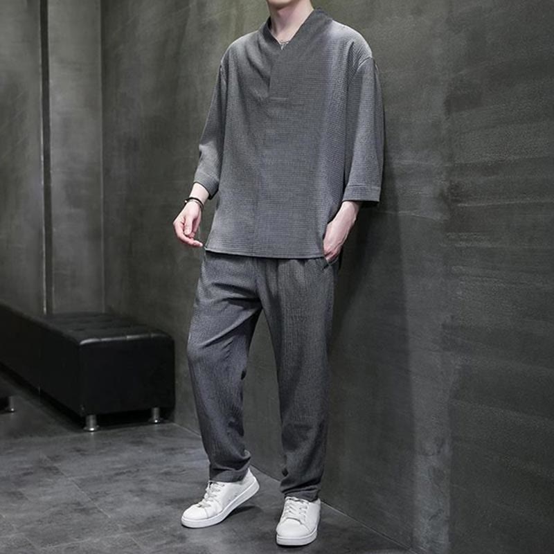 Buddha Stones Jednolity Kolor Koszula z Dekoltem w Serek Rękaw Trzy Czwarte Spodnie Codzienne Odzież Męska Zestaw - image 22