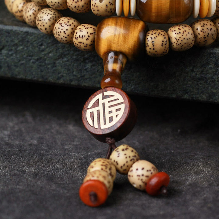 Buddha Stones 108 Mala Koraliki Bodhi Nasiona Tygrysie Oko Fu Charakter Bransoletka Pokoju