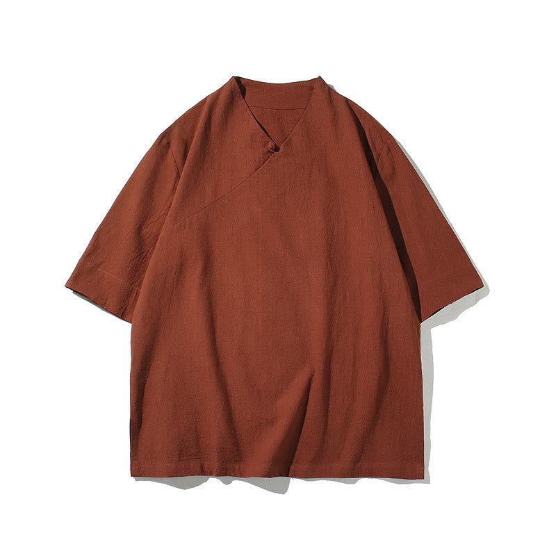 Koszula męska z krótkim rękawem i okrągłym dekoltem w serek Buddha Stones z bawełny - image 4