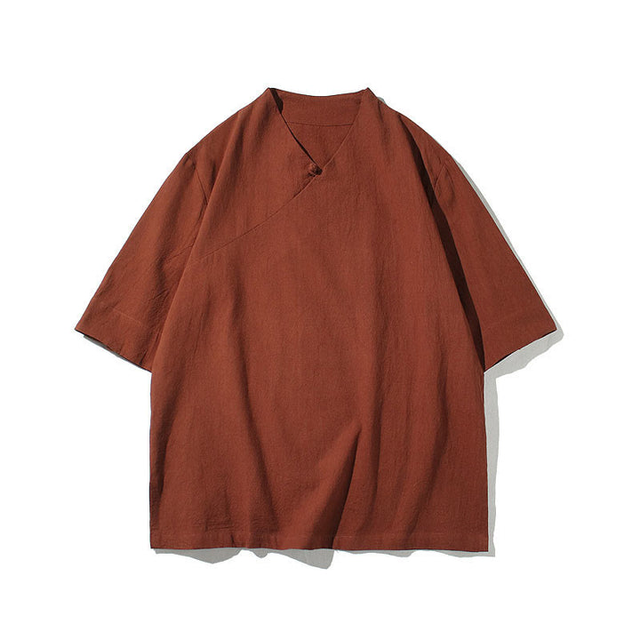 Koszula męska z krótkim rękawem i okrągłym dekoltem w serek Buddha Stones z bawełny - image 4