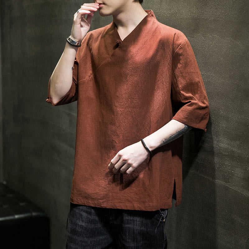 Koszula męska z krótkim rękawem i okrągłym dekoltem w serek Buddha Stones z bawełny - image 3