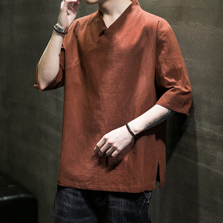 Koszula męska z krótkim rękawem i okrągłym dekoltem w serek Buddha Stones z bawełny - image 6