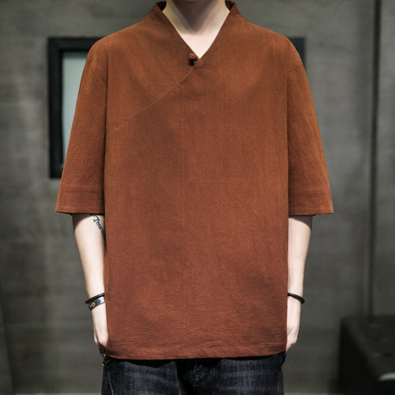 Koszula męska z krótkim rękawem i okrągłym dekoltem w serek Buddha Stones z bawełny - image 1