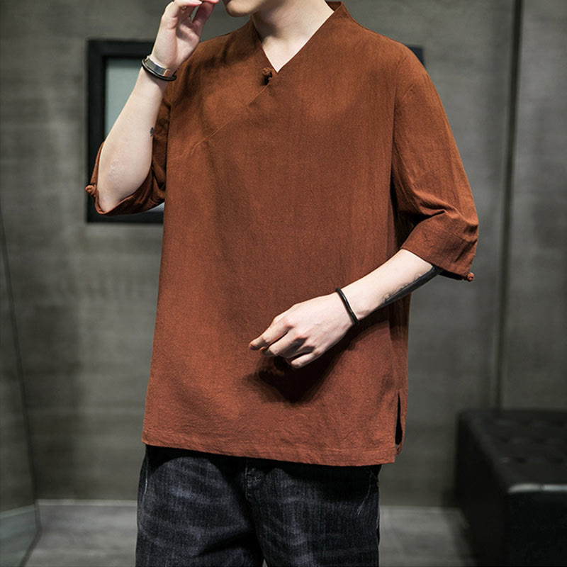 Koszula męska z krótkim rękawem i okrągłym dekoltem w serek Buddha Stones z bawełny - image 7