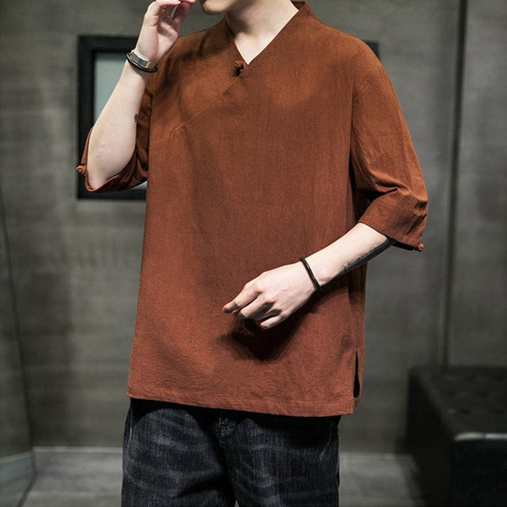 Koszula męska z krótkim rękawem i okrągłym dekoltem w serek Buddha Stones z bawełny - image 7