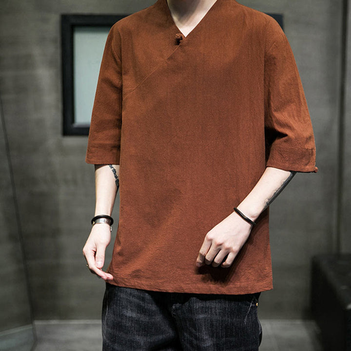 Koszula męska z krótkim rękawem i okrągłym dekoltem w serek Buddha Stones z bawełny - image 10