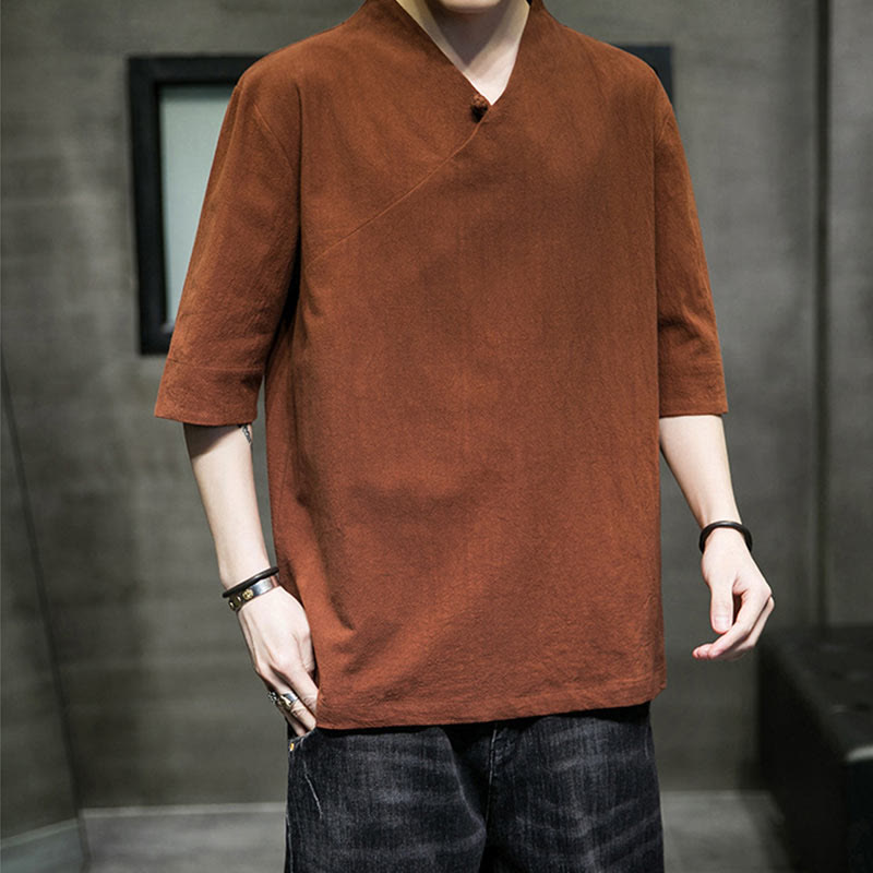 Koszula męska z krótkim rękawem i okrągłym dekoltem w serek Buddha Stones z bawełny - image 2