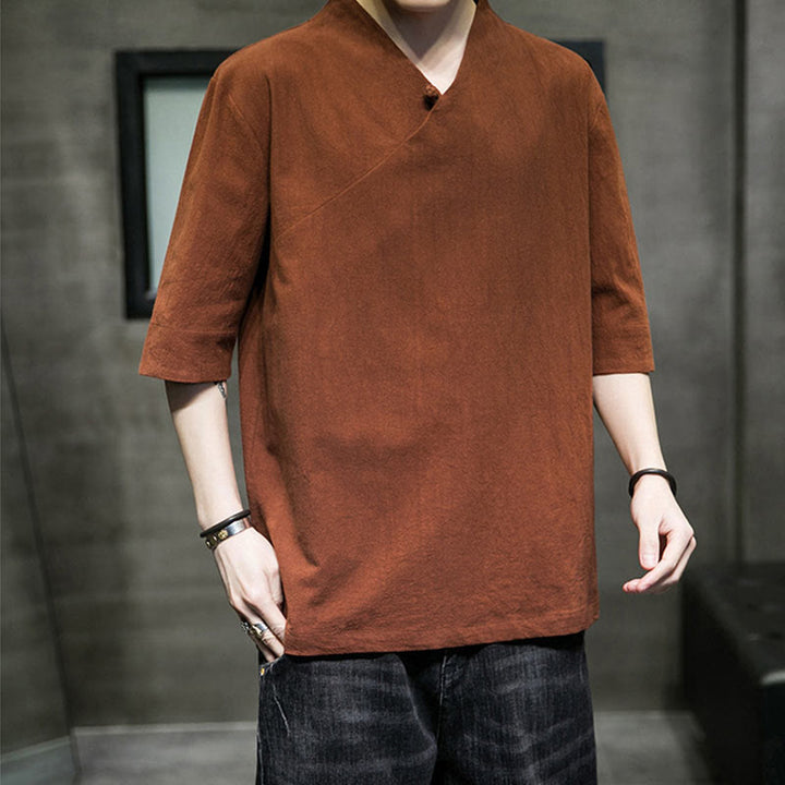 Koszula męska z krótkim rękawem i okrągłym dekoltem w serek Buddha Stones z bawełny - image 2