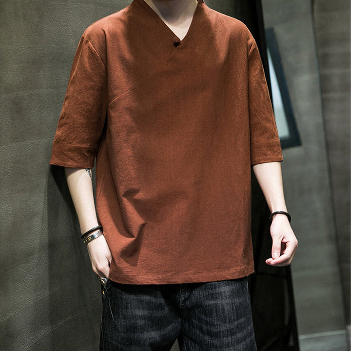 Koszula męska z krótkim rękawem i okrągłym dekoltem w serek Buddha Stones z bawełny - image 8